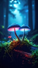 Enchanted Glow: Two luminous mushrooms with ethereal light, creating a magical atmosphere within the depths of an ancient forest, an image that evokes wonder and curiosity. 