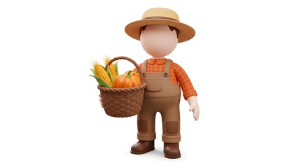 3D Farmer Character Holding Basket with Autumn Harvest (Corn & Pumpkin)
