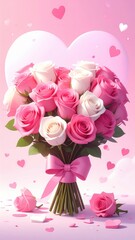 Romantic Rose Bouquet: A captivating display of delicate pink and pristine white roses, exquisitely arranged with lush green leaves and tied with a beautiful ribbon, exuding love and romance 
