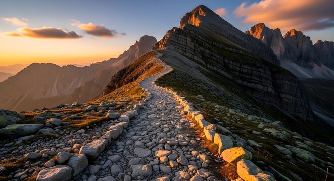 Rocky Mountain Path at Sunset – Journey and Adventure Concept