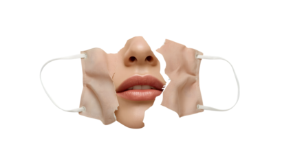Surreal face mask concept with human lips and nose exposed on the transparent background symbolizing identity, isolation, and modern pandemic reality