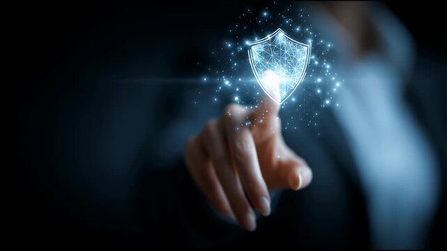 Digital Security Touch: A hand delicately interacts with a glowing digital shield, symbolizing the crucial role of cybersecurity in safeguarding information and ensuring digital protection.