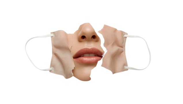Surreal face mask concept with human lips and nose exposed on the transparent background symbolizing identity, isolation, and modern pandemic reality