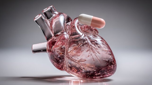 statin. An abstract glass sculpture of a human heart, with a single statin pill balanced on its top. event programs, museum guides, designed for cultural heritage projects and event programs.