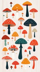 Whimsical Mushroom Variety: A charming assortment of colorful mushrooms in various shapes and sizes, artfully arranged to create a delightful and enchanting visual experience.
