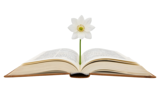 Open book with white flower on the transparent background symbolizing knowledge, growth, literature, education, and inspiration