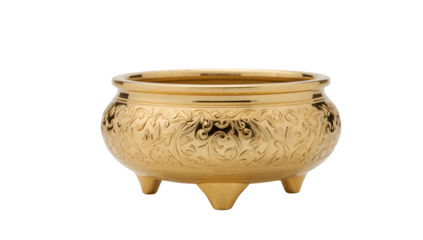 Ornate gold brass cauldron with floral engraving and three feet on the transparent background for decor or ritual use
