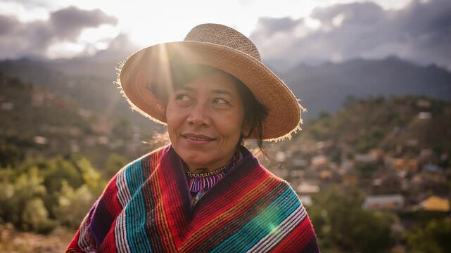 Portrait of smiling indigenous woman in traditional colorful poncho and hat, illuminated by golden sunset light in mountain village