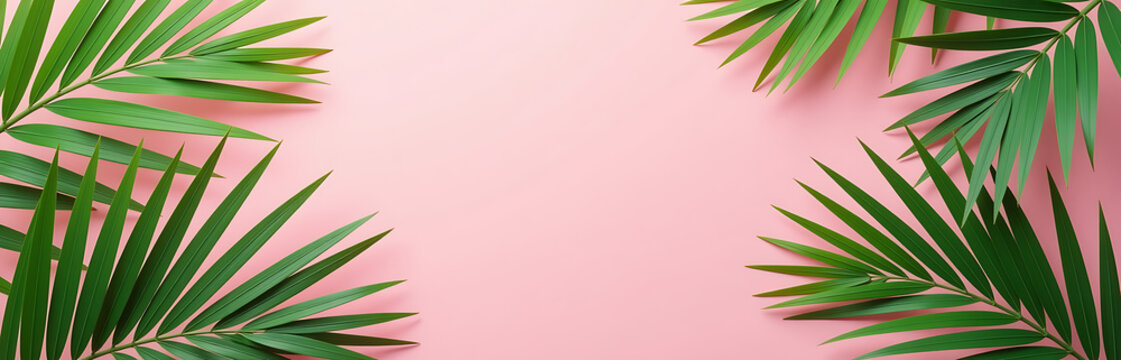 vibrant lush tropical palm fronds scattered artfully soft pastel pink backdrop evoking serene summer