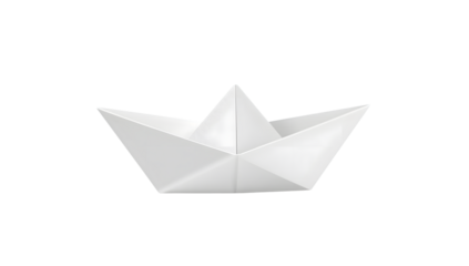 White origami paper boat isolated on the transparent background, minimalist handmade folded art, symbol of creativity and childhood