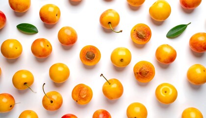 Overhead shot showcasing a scattering of bright yellow fruit against a white background. Some are sliced, revealing the stone. Green leaves are interspersed