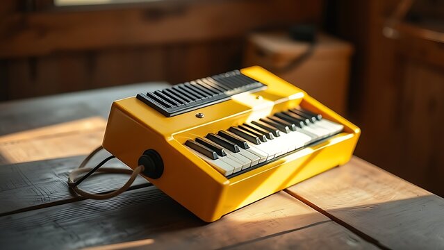 melodica. A vintage yellow melodica on a rustic wooden table in warm sunlight. lifestyle magazines, social media lookbooks, designed for influencer and brand collaborations.