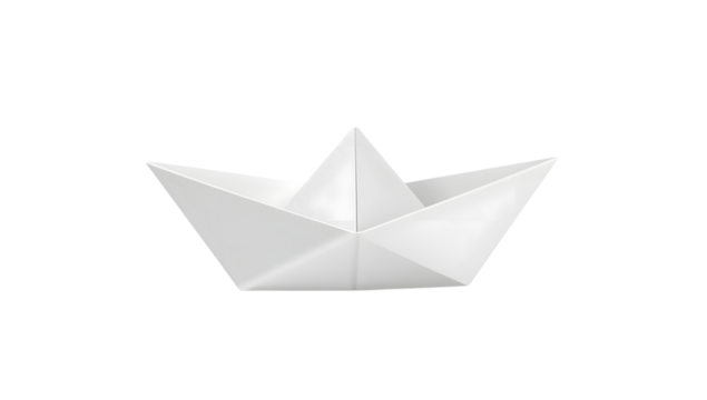 White origami paper boat isolated on the transparent background, minimalist handmade folded art, symbol of creativity and childhood