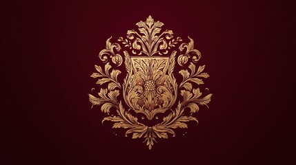 privilege. An intricate gold-embossed heraldic crest on a deep crimson background. event programs, museum guides, designed for cultural heritage projects and event programs.