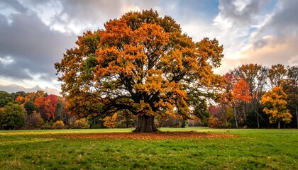 Obraz premium Large autumn tree stands prominently in a grassy field against a clouded sky, other colorful trees in background