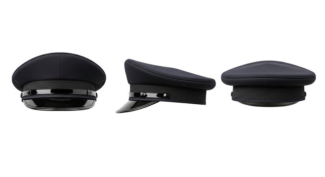Dark blue captain or police officer hat with visor shown in three different views for uniform