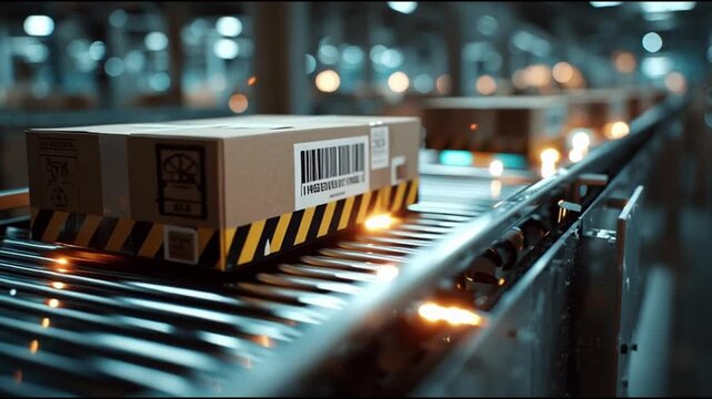 Supply chain resilience tech. Logistics automation forecasting management. Transportation. Cybersecurity. Blockchain. Packages moving on a conveyor belt in a logistics facility.