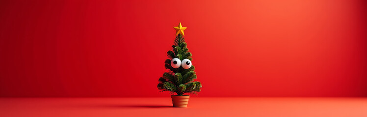 tiny christmas tree stands alone vibrant red background trunk clad bright googly eyes bathed warm golden afternoon
