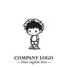 Black and White Chibi Boy Illustration with Jacket and Boots in Bold Thick Line Art Minimal Style