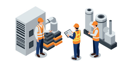 Engineers discussing industrial manufacturing in isometric style