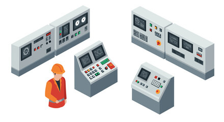 Isometric control panels and engineer in industrial setting