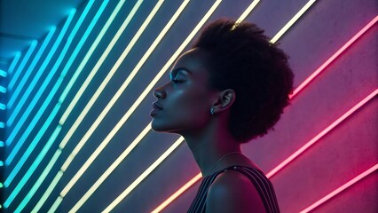 Serene Woman with Neon Light Reflection on Face
