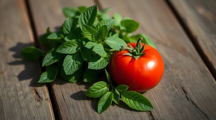 Fresh Red Tomato and Mint Leaves on Rustic Wooden Table, Dark Moody Still Life Photography Highlighting Natural Ingredients, Culinary Freshness, and Mediterranean Cooking Inspiration.