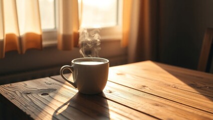 Enjoy steamy coffee in cozy sunlit morning kitchen