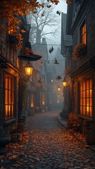 Misty cobblestone street decorated with glowing lanterns, witch hats, and autumn leaves, capturing a cozy and magical Halloween evening.
