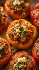 Baked stuffed bell peppers filled with rice, vegetables, tomato sauce, and melted cheese, garnished with herbs for a colorful and appetizing meal.