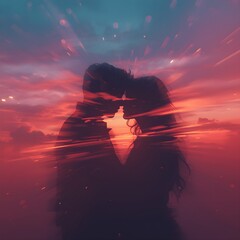 Silhouette of a couple sharing a tender moment at sunset, surrounded by dreamy light streaks and glowing colors that capture passion and love.
