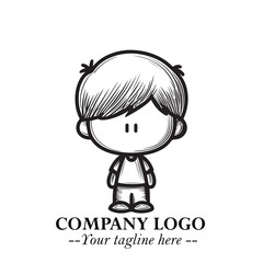 Black and White Chibi Boy Illustration with Jacket and Boots in Bold Thick Line Art Minimal Style