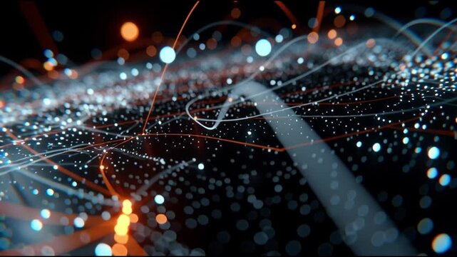 Supply chain resilience tech. Logistics automation forecasting management. Transportation. Cybersecurity. Blockchain. Abstract digital network with glowing lines and orbs in dark background