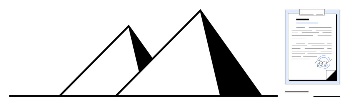 Two geometric pyramids and a signed clipboard evoke themes of history, agreements, research, heritage, learning, documentation, and organization. Ideal for education, paperwork legal processes