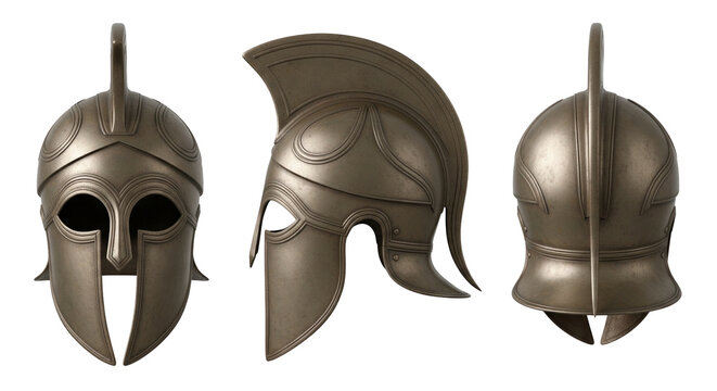 Ancient spartan warrior helmet in bronze metal shown from front side and back views set