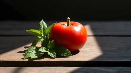 Fresh Red Tomato and Mint Leaves on Rustic Wooden Table, Dark Moody Still Life Photography Highlighting Natural Ingredients, Culinary Freshness, and Mediterranean Cooking Inspiration.