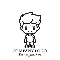 Obraz premium Black and White Chibi Boy Illustration with Jacket and Boots in Bold Thick Line Art Minimal Style