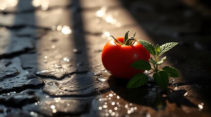 Fresh Red Tomato and Mint Leaves on Rustic Wooden Table, Dark Moody Still Life Photography Highlighting Natural Ingredients, Culinary Freshness, and Mediterranean Cooking Inspiration.