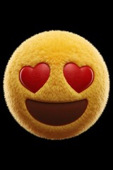 3D fuzzy heart-eyes emoji with soft yellow fur and leather texture details, smiling brightly on a black background, symbolizing love and joy.