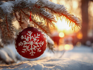 Red festive ornament with white snowflake decoration hanging on a snow-covered pine branch in warm glowing winter sunset background outdoors