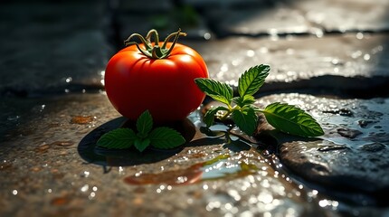 Fresh Red Tomato and Mint Leaves on Rustic Wooden Table, Dark Moody Still Life Photography Highlighting Natural Ingredients, Culinary Freshness, and Mediterranean Cooking Inspiration.
