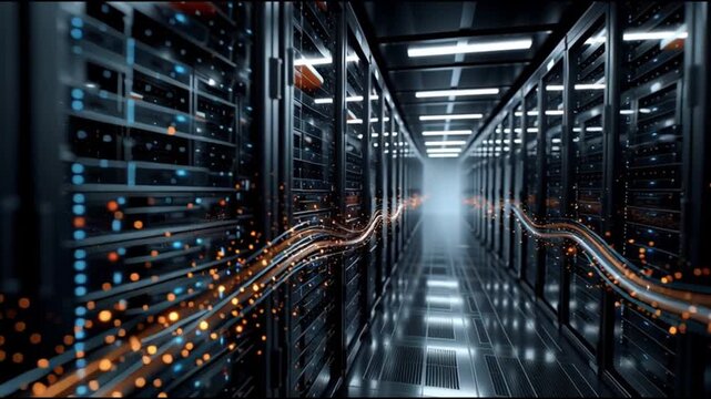 Supply chain resilience tech. Logistics automation forecasting management. Transportation. Cybersecurity. Blockchain. Abstract depiction of data flow in a server environment.
