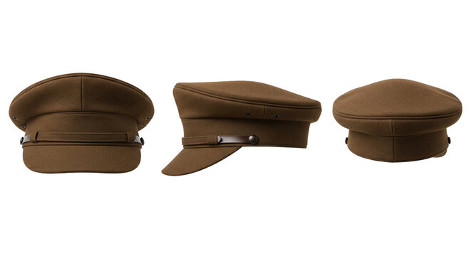 Vintage brown military officer cap a historical army uniform headwear in multiple views