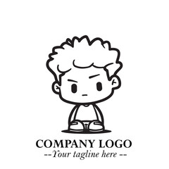 Black and White Chibi Boy Illustration with Jacket and Boots in Bold Thick Line Art Minimal Style