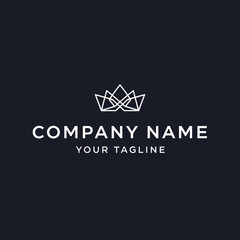 Minimalist white line art crown logo on a dark background with placeholder company name and tagline text.