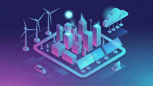 Futuristic smart city concept with renewable energy and digital technology integration