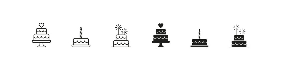 Party cake vector outline icon set of desserts and celebration sweets. Birthday pastry, candle, and festive bakery collection.