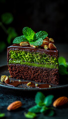 Decadent layered chocolate and pistachio cake topped with fresh mint and nuts