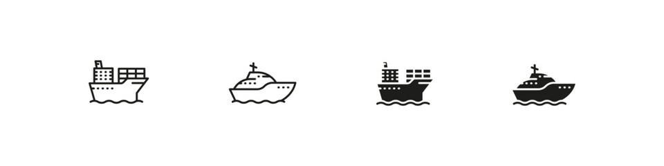 Cargo ship and cruise liner vector outline and filled icon set. Maritime transport, logistics, and travel design collection. © Pavlo