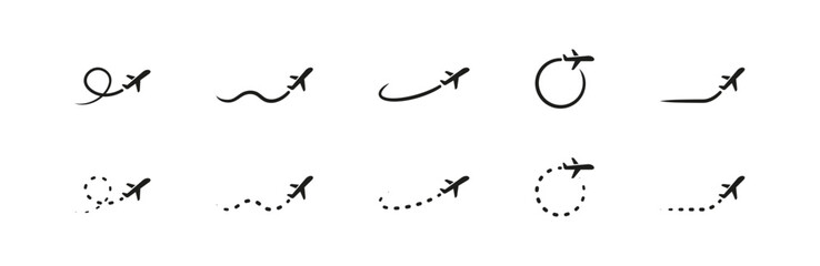 Plane flying path line and dotted line vector icon set. Aviation, travel, and transportation design collection.